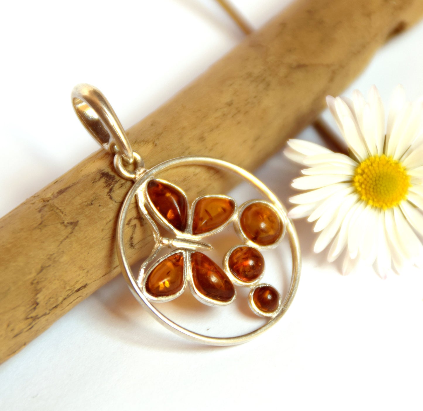 MJ Baltica, pendant, natural Baltic amber, 925 silver, butterfly, handcrafted, mosaic BW003