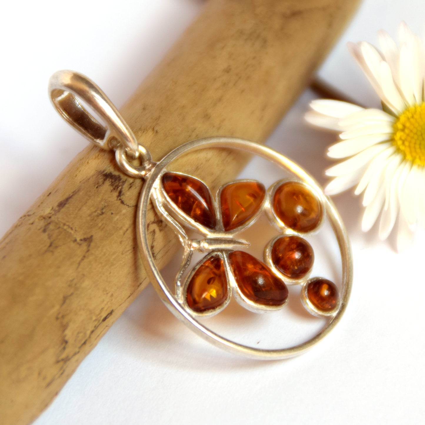 MJ Baltica, pendant, natural Baltic amber, 925 silver, butterfly, handcrafted, mosaic BW003