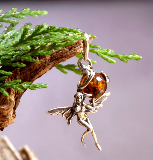 Realistic fairy pendant with natural cognac amber ball in Sterling Silver 925, MJ Baltica, BW010