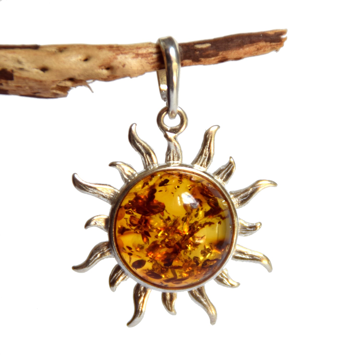 MJ Baltica, Pendant, natural Baltic amber, 925 silver, large sun, luminous BW017