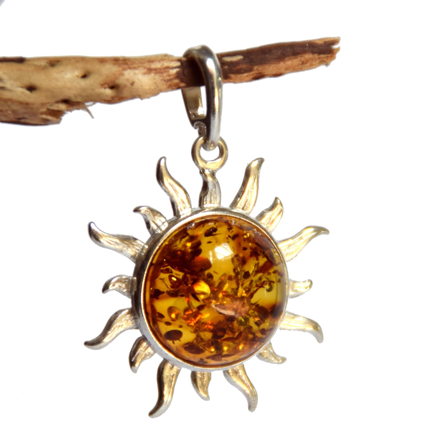 MJ Baltica, Pendant, natural Baltic amber, 925 silver, large sun, luminous BW017