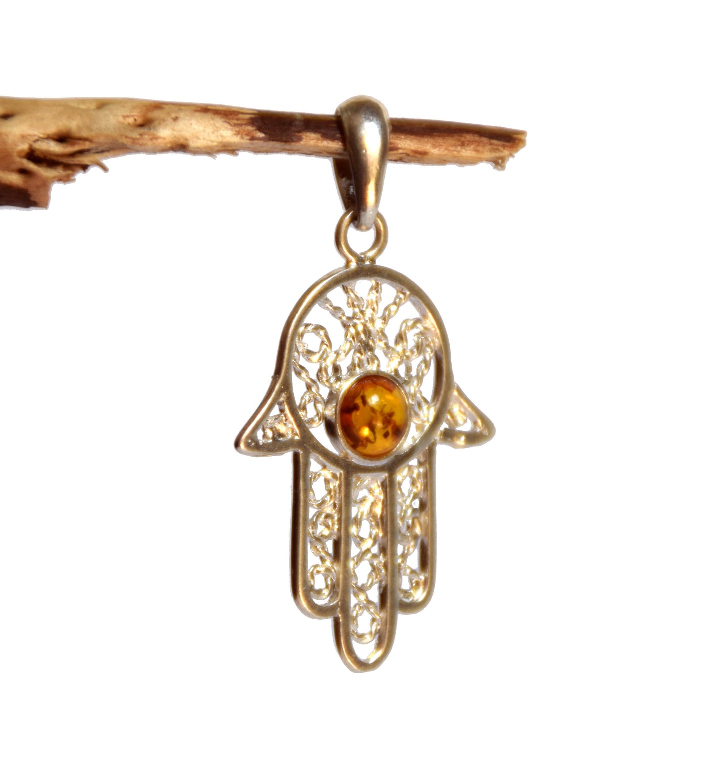 MJ Baltica, pendant, natural Baltic amber, 925 silver, hand of Fatima, filigree, BW020