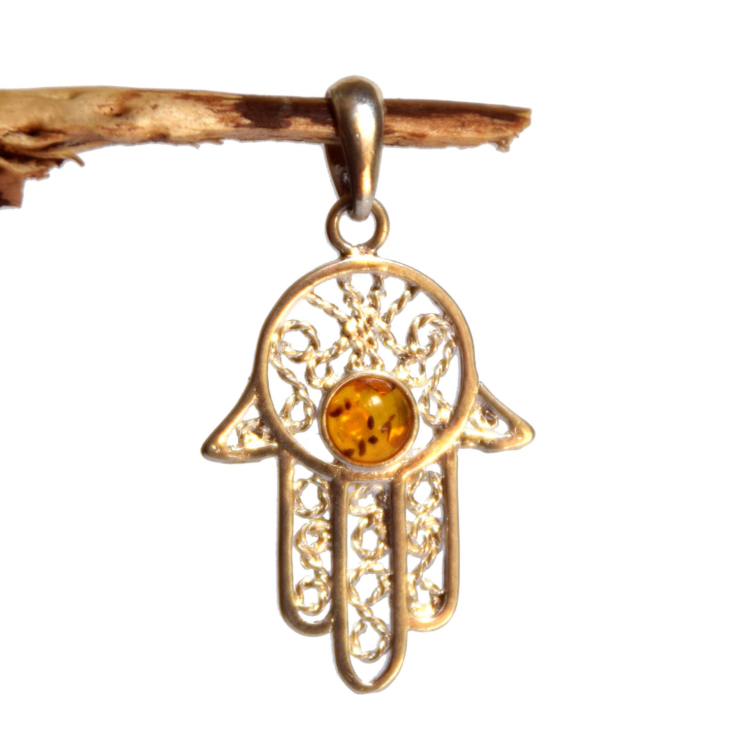 MJ Baltica, pendant, natural Baltic amber, 925 silver, hand of Fatima, filigree, BW020