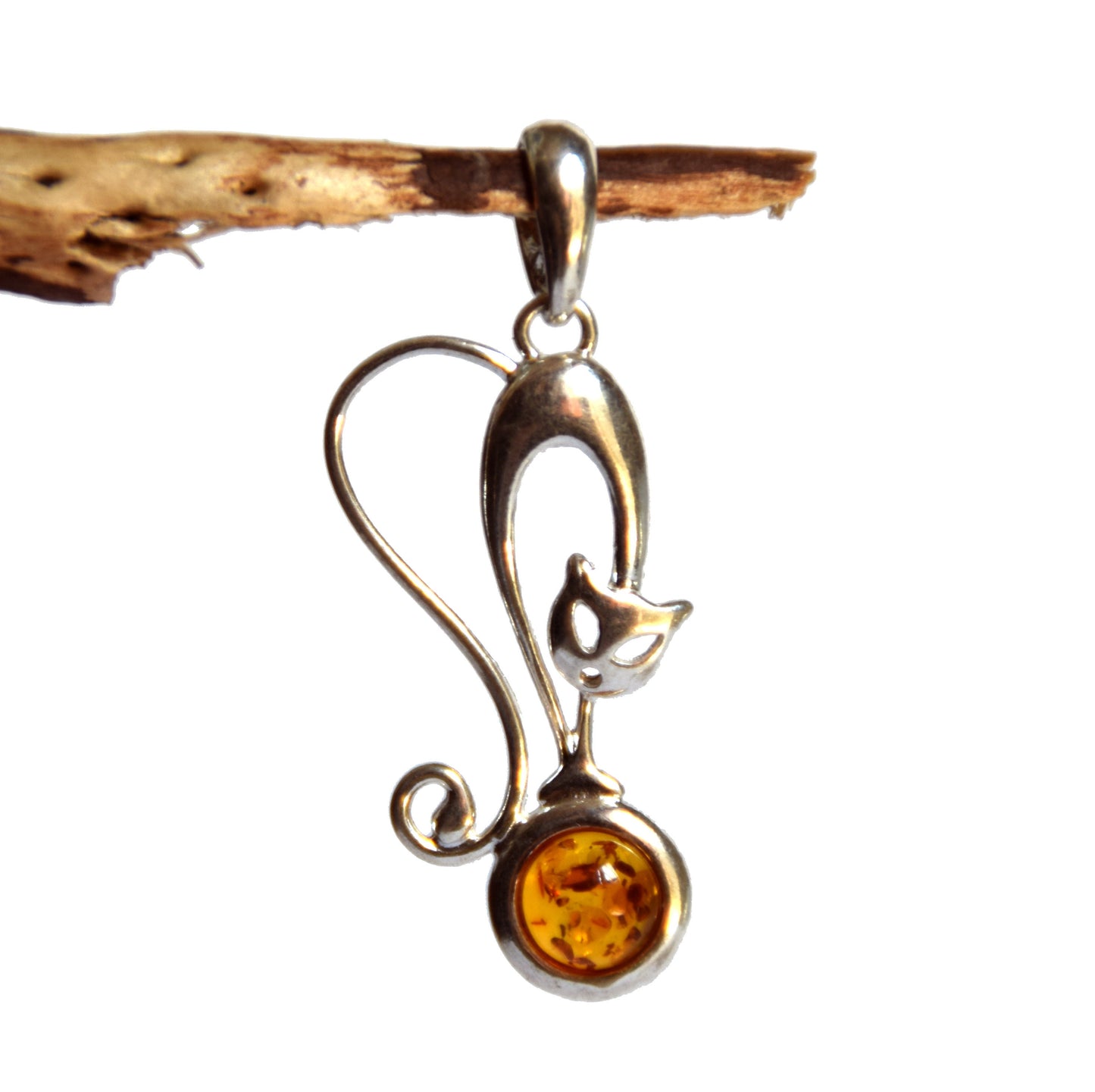 MJ Baltica, pendant, natural Baltic amber, 925 silver, cat, handcrafted, BW033