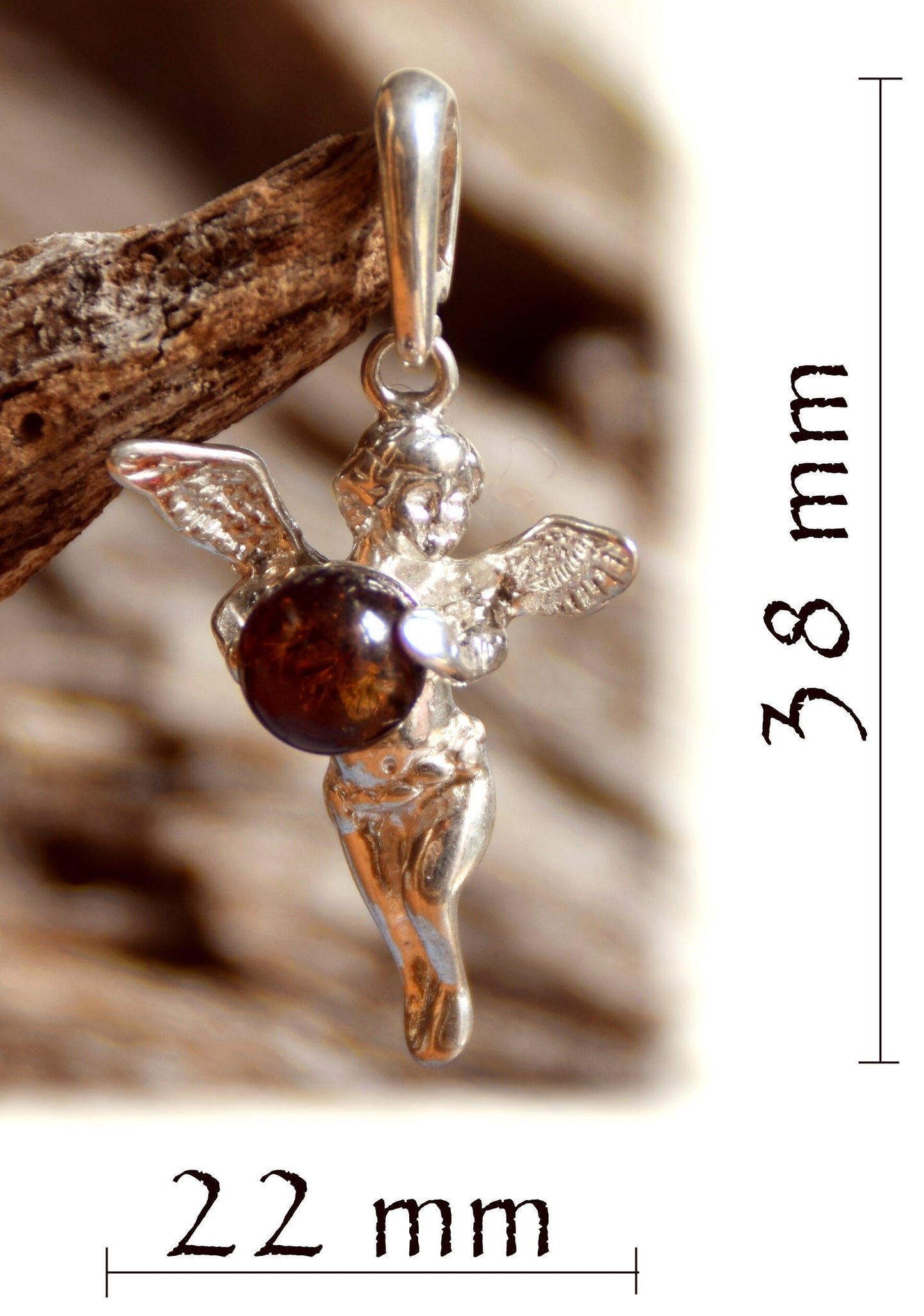 MJ Baltica, pendant, angel, sphere, world, natural Baltic amber, 925 silver, BW047