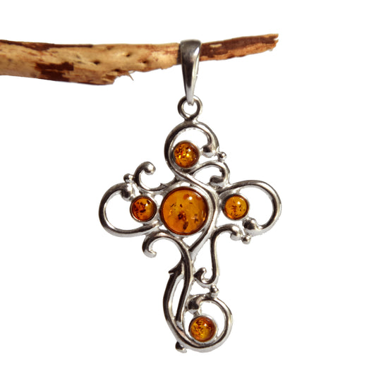 MJ Baltica, pendant, cross, handcrafted, natural Baltic amber, 925 silver, BW014m