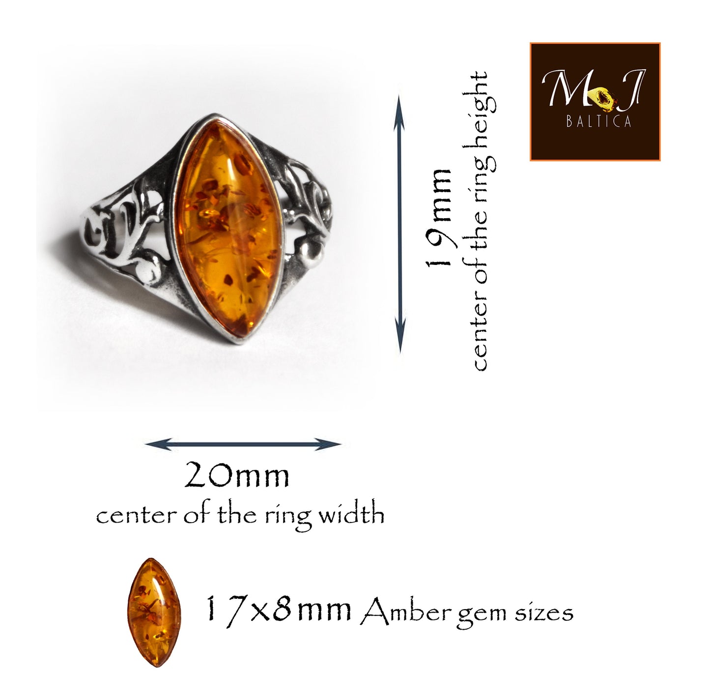 MJ Baltica, ring, natural Baltic Amber, 925 Silver, vintage, classic, handcrafted, BP001