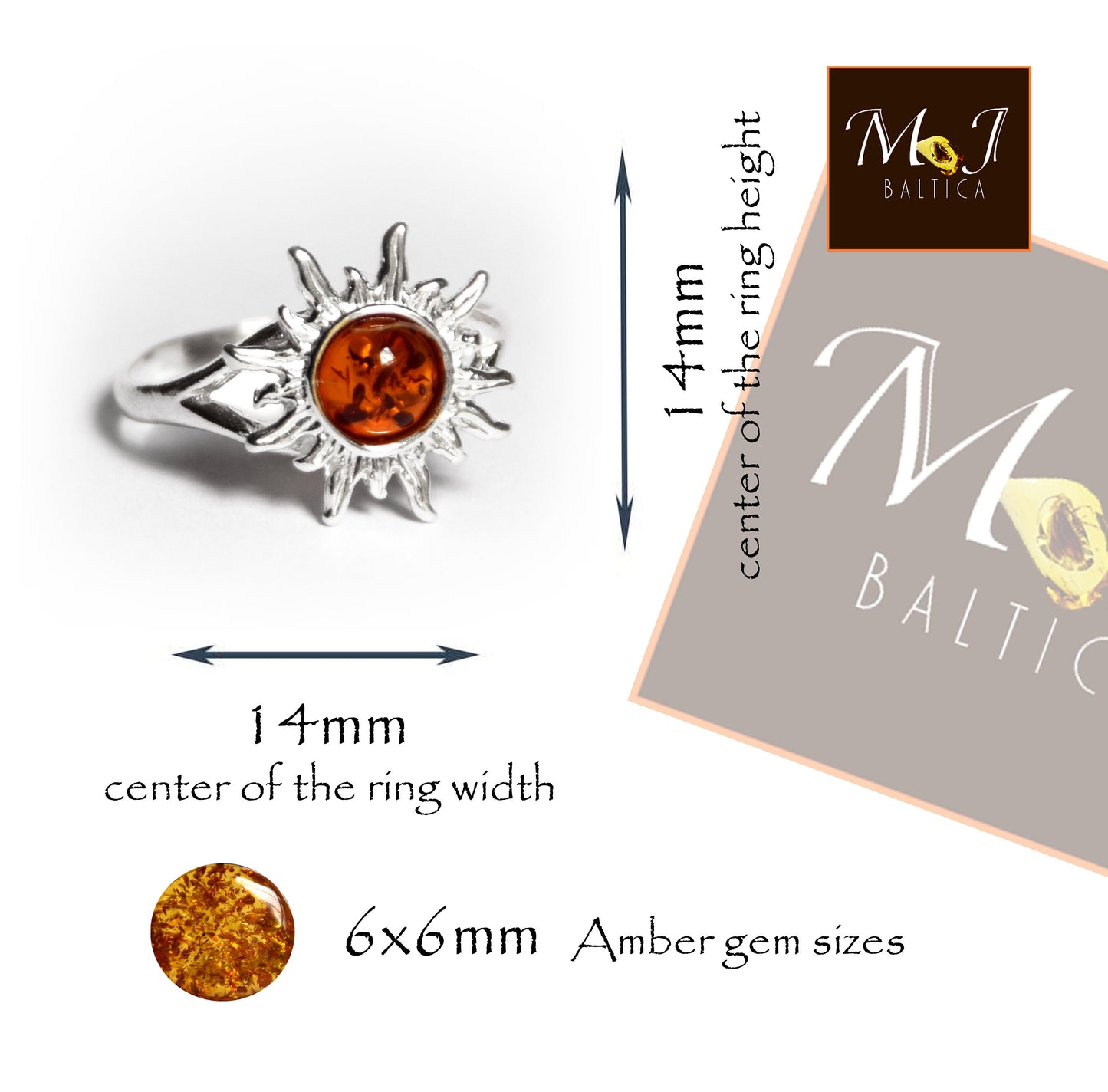 MJ Baltica, Ring, natürlicher baltischer Bernstein, 925er Silber, Sonne, BP050