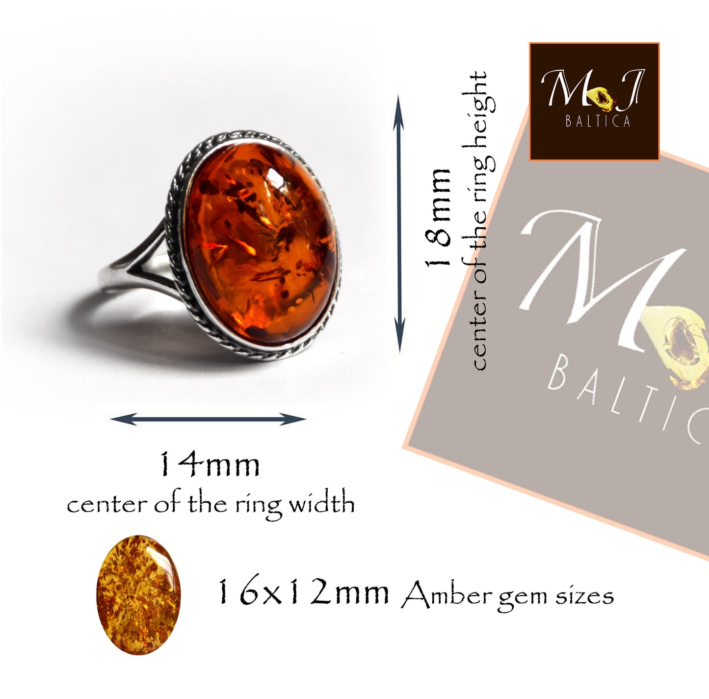 MJ Baltica, ring, natural Baltic amber, 925 silver, classic, vintage, large BP063