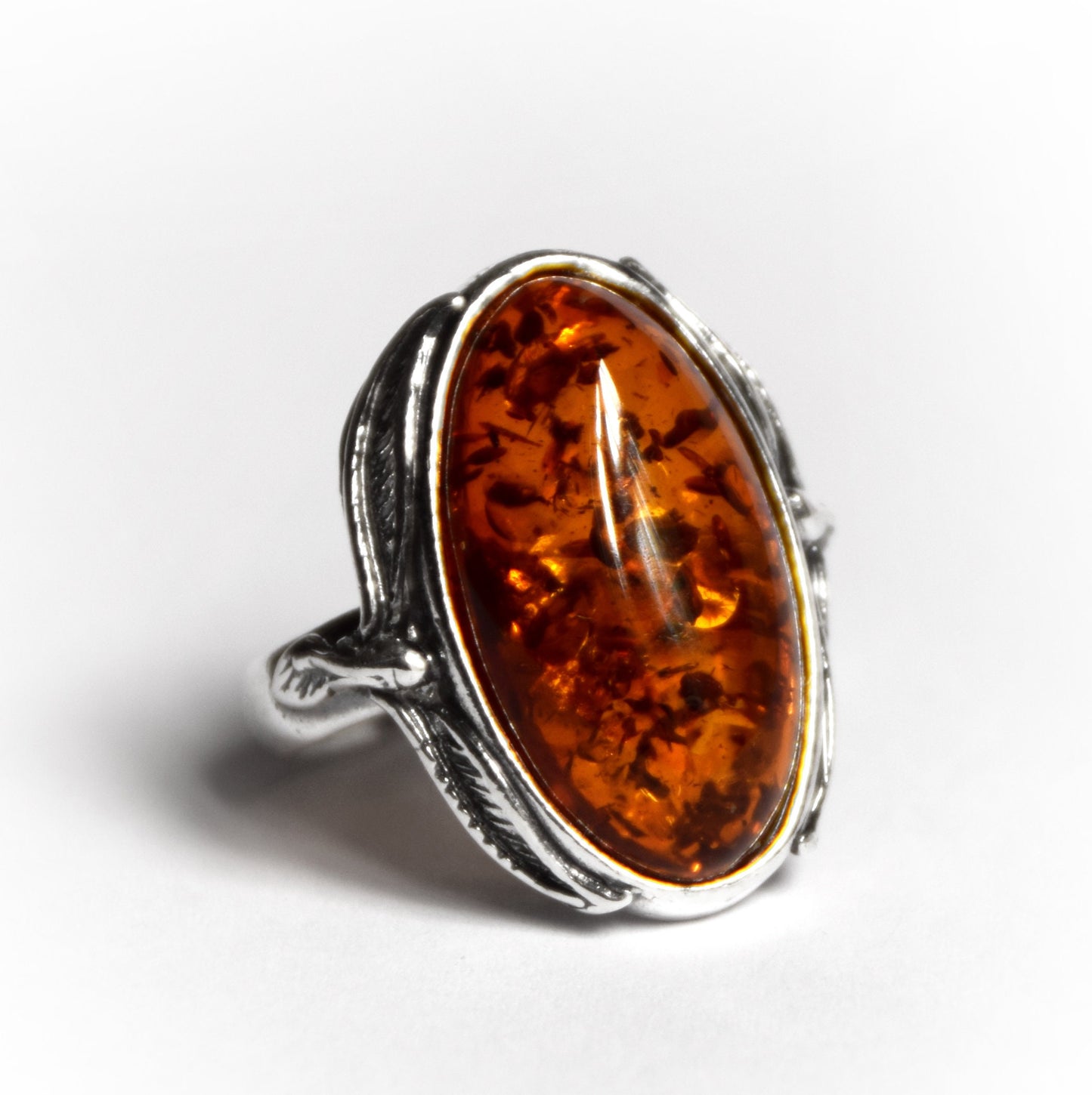 MJ Baltica, ring, natural Baltic Amber, 925 Silver, classic, leaves, vintage, large, BP064