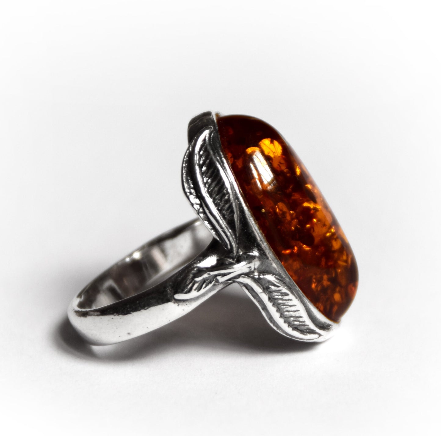 MJ Baltica, ring, natural Baltic Amber, 925 Silver, classic, leaves, vintage, large, BP064