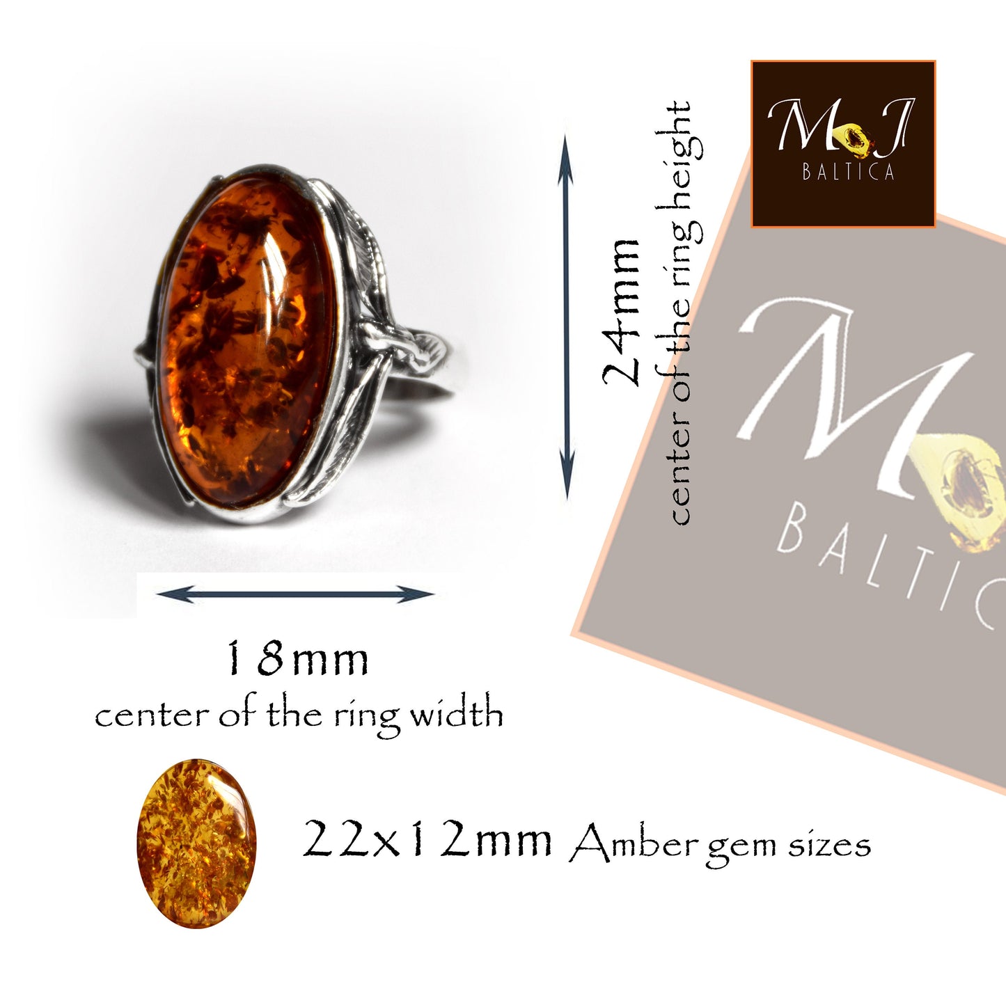 MJ Baltica, ring, natural Baltic Amber, 925 Silver, classic, leaves, vintage, large, BP064