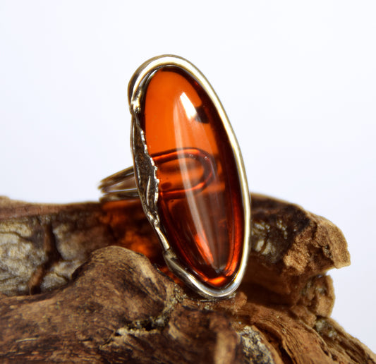 MJ Baltica, ring, Natural Baltic Amber, 925 Silver, Dark Amber, long, elegant, adjustable and unique BP044