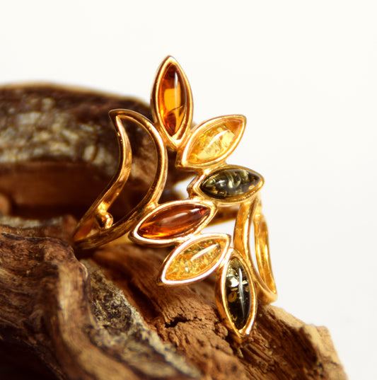 MJ Baltica, ring, natural Baltic Amber, Silver, 14k Gold plated, mixed shades BZP001