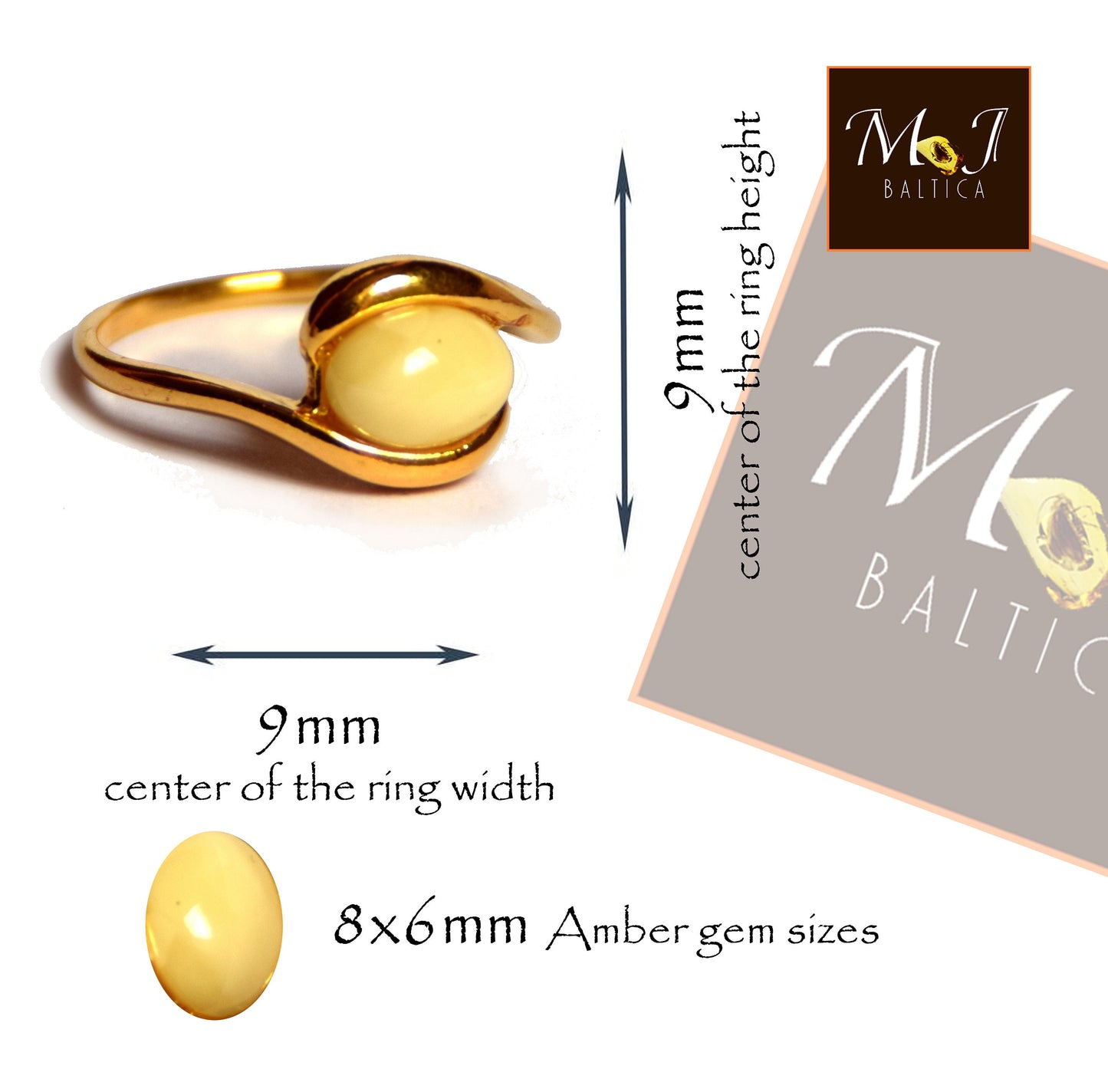 MJ Baltica, Ring, natural Baltic Amber, 925 Silver, 14k Gold plated, imperial amber, BZP004