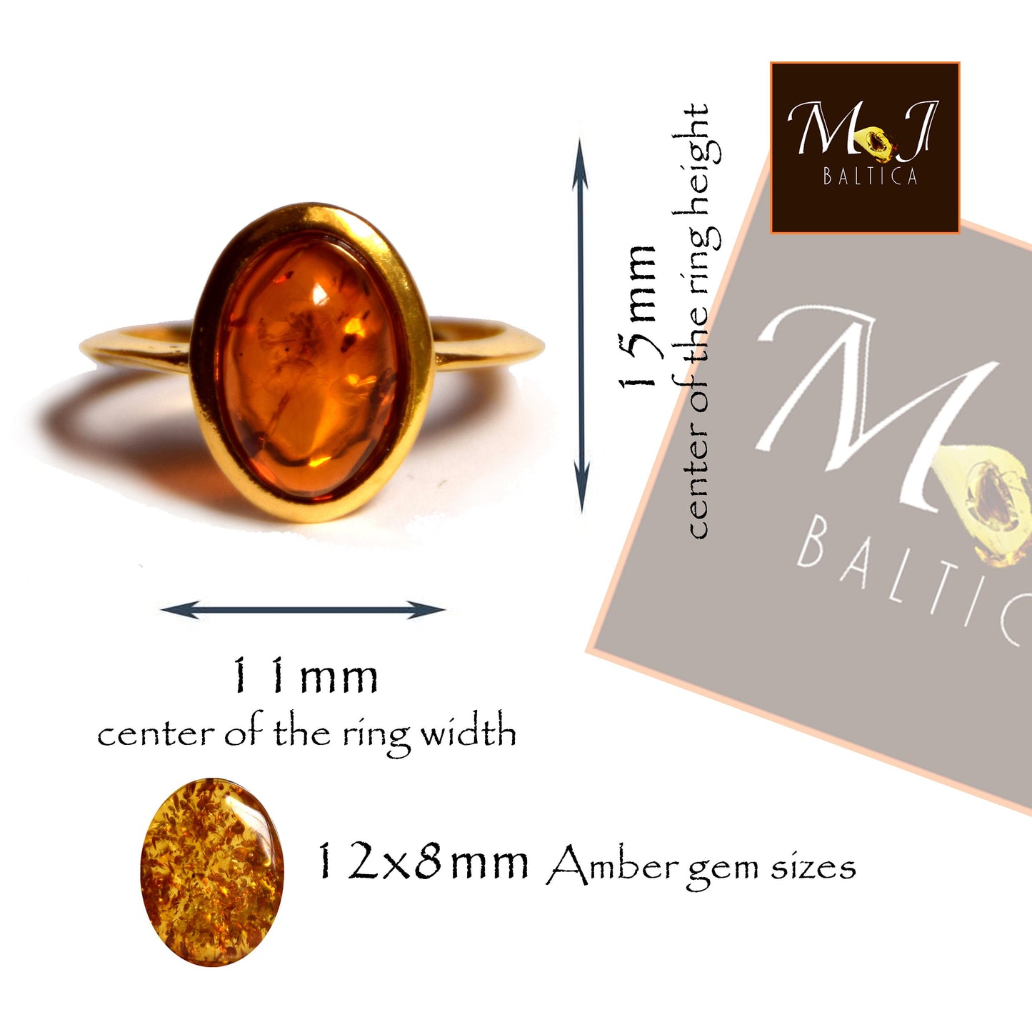 MJ Baltica, ring, natural Baltic Amber, 925 Silver, 14k Gold plated, luminous, oval, BZP013