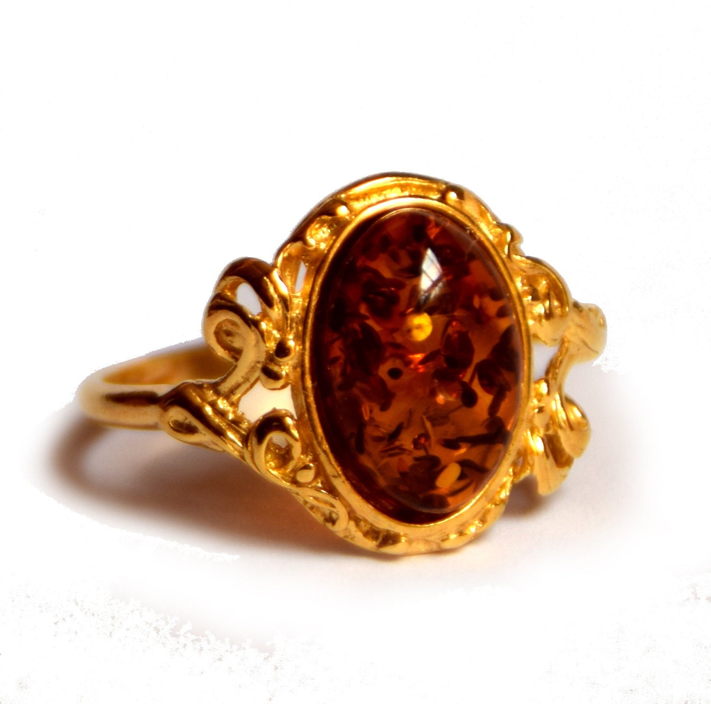 MJ Baltica, ring, natural Baltic Amber, 925 Silver, 14k Gold plated, vintage, classic, oval, BZP014