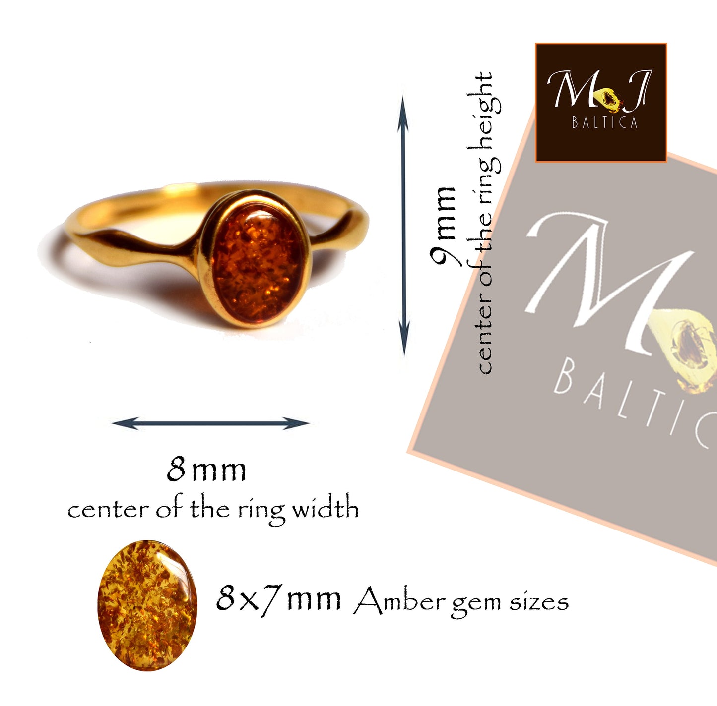 Anello a fascia con Ambra cognac naturale e Argento placcato in Oro 18k, MJ Baltica, BZP020