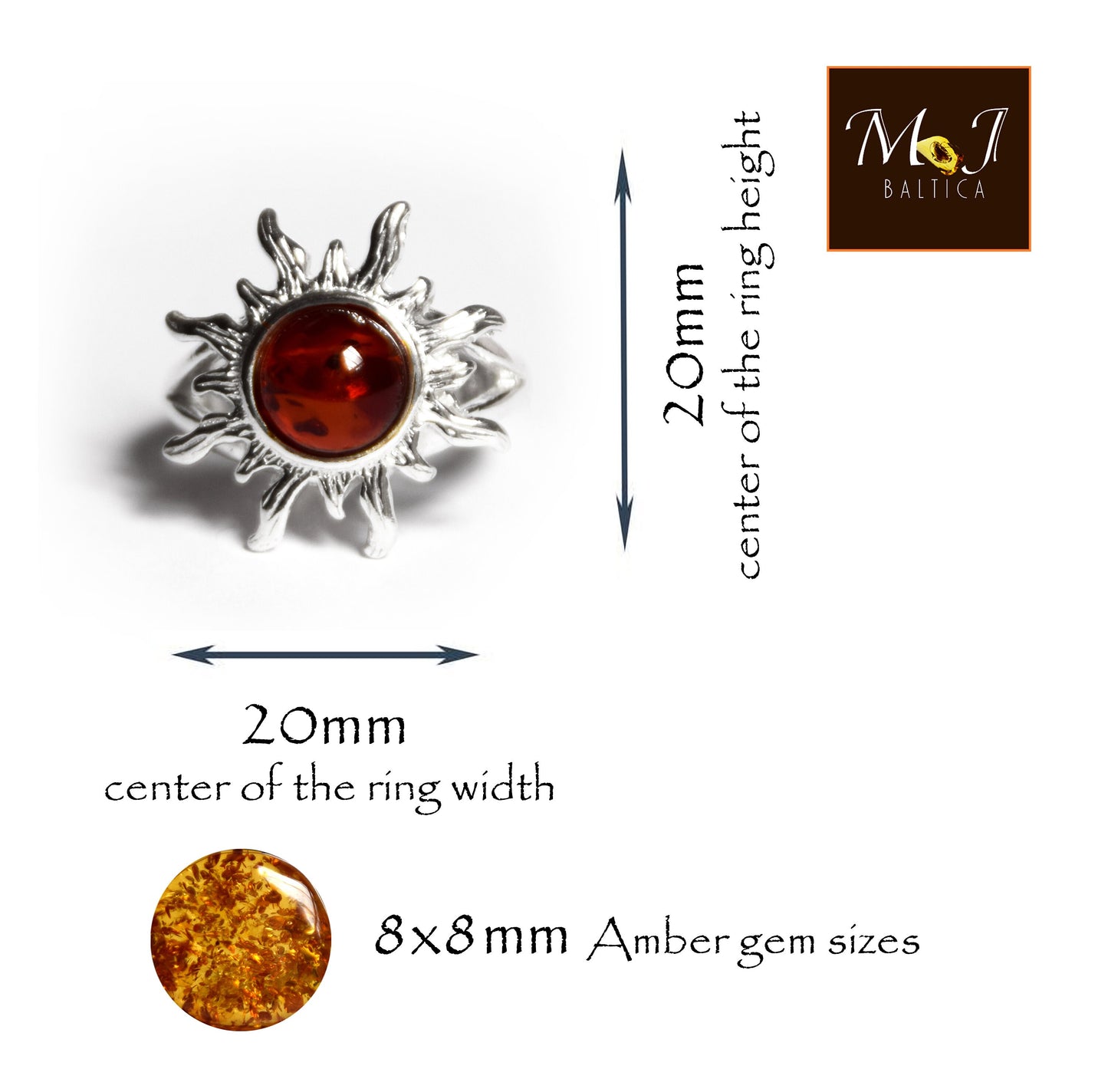 MJ Baltica, ring, natural Baltic amber, 925 silver, large, Sun, BP046