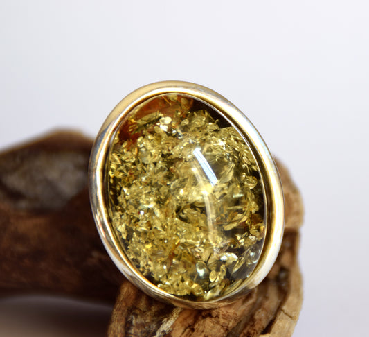 MJ Baltica, anello, Ambra naturale Baltica, Argento 925, grande, Ambra Verde, regolabile e unico BP038
