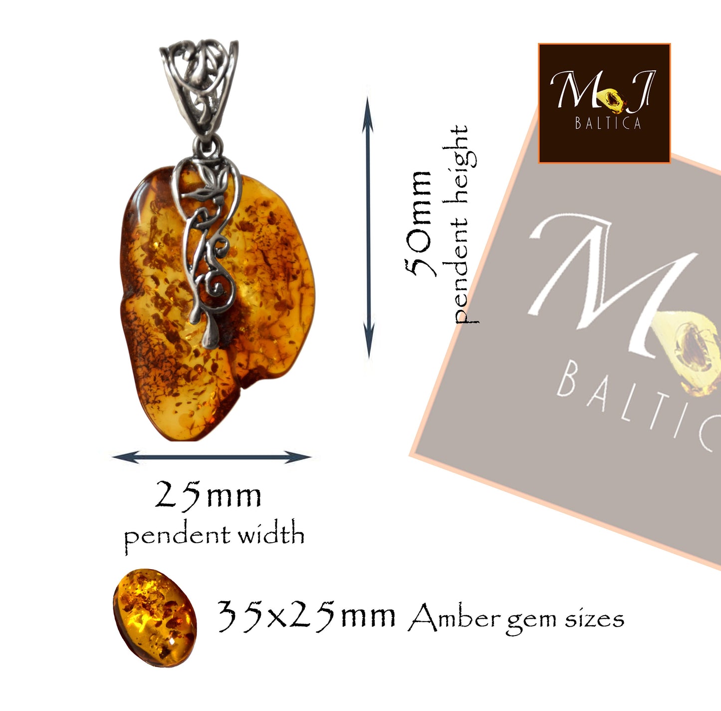 MJ Baltica, pendant, natural Baltic amber, 925 silver, large, irregular, BW061