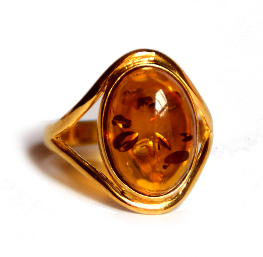 MJ Baltica, ring, natural Baltic Amber, 925 Silver, 14k Gold plated, classic, luminous, oval BZP012