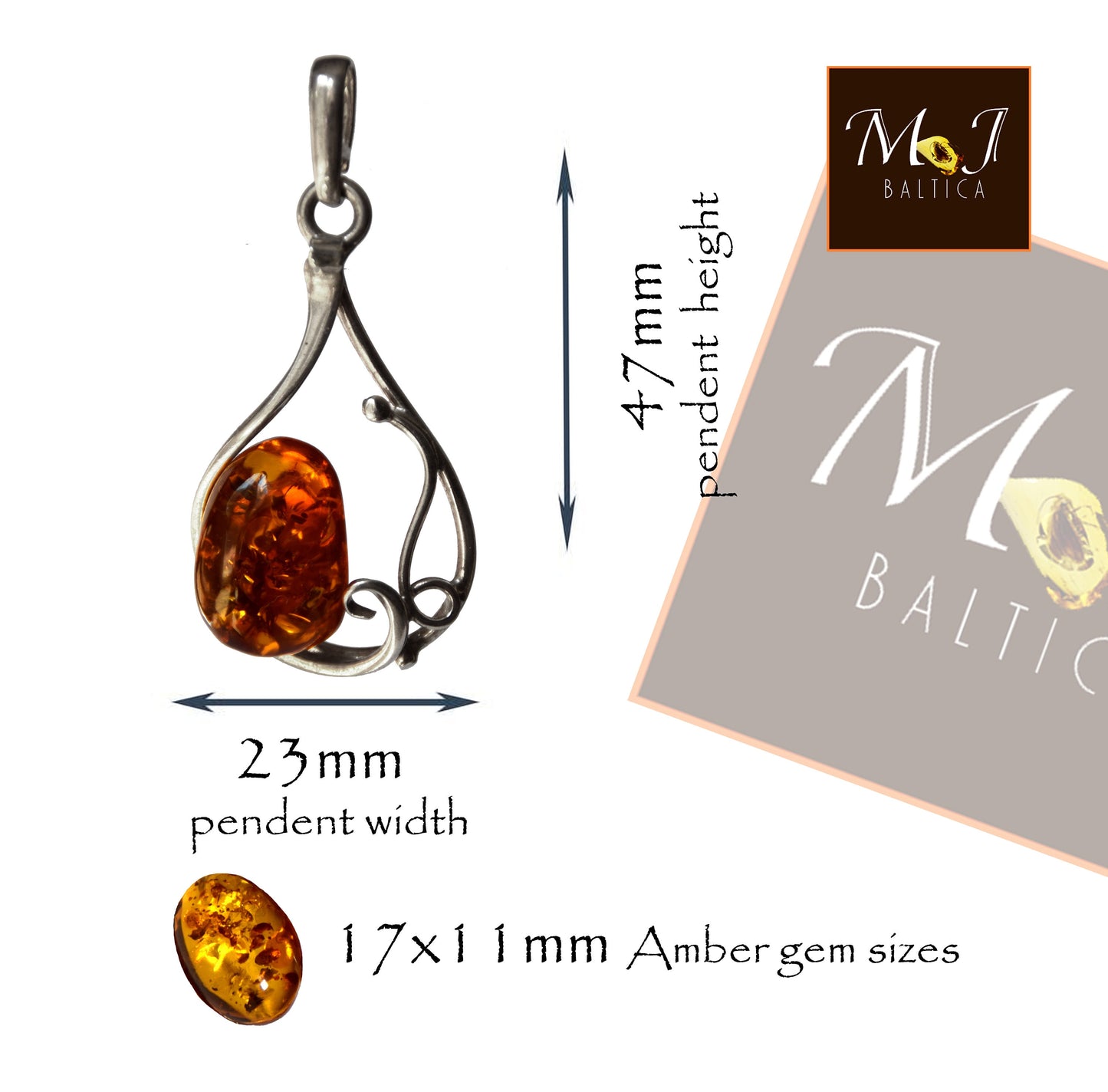 MJ Baltica, pendant, natural Baltic amber, 925 silver, abstract design, BW087