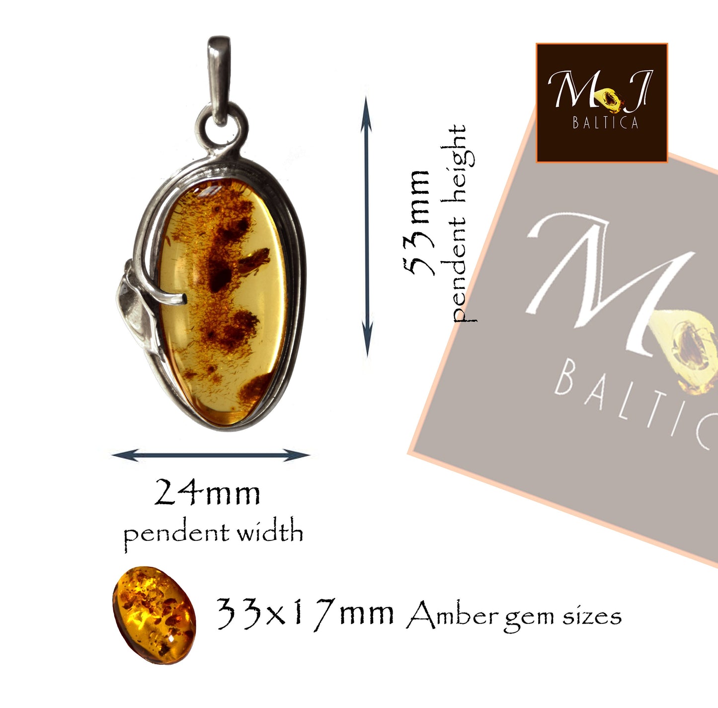 MJ Baltica, pendant, natural Baltic amber, 925 silver, large, unique, BW088