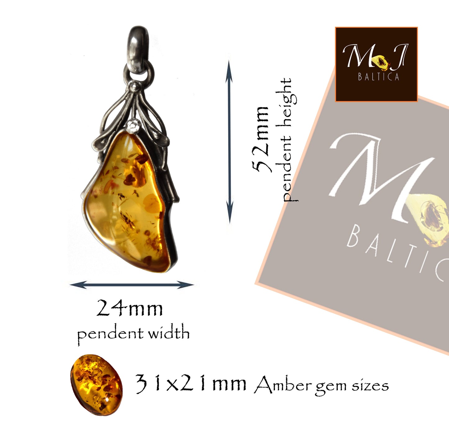 MJ Baltica, pendant, natural Baltic amber, 925 silver, handcrafted, large, floral, BW090