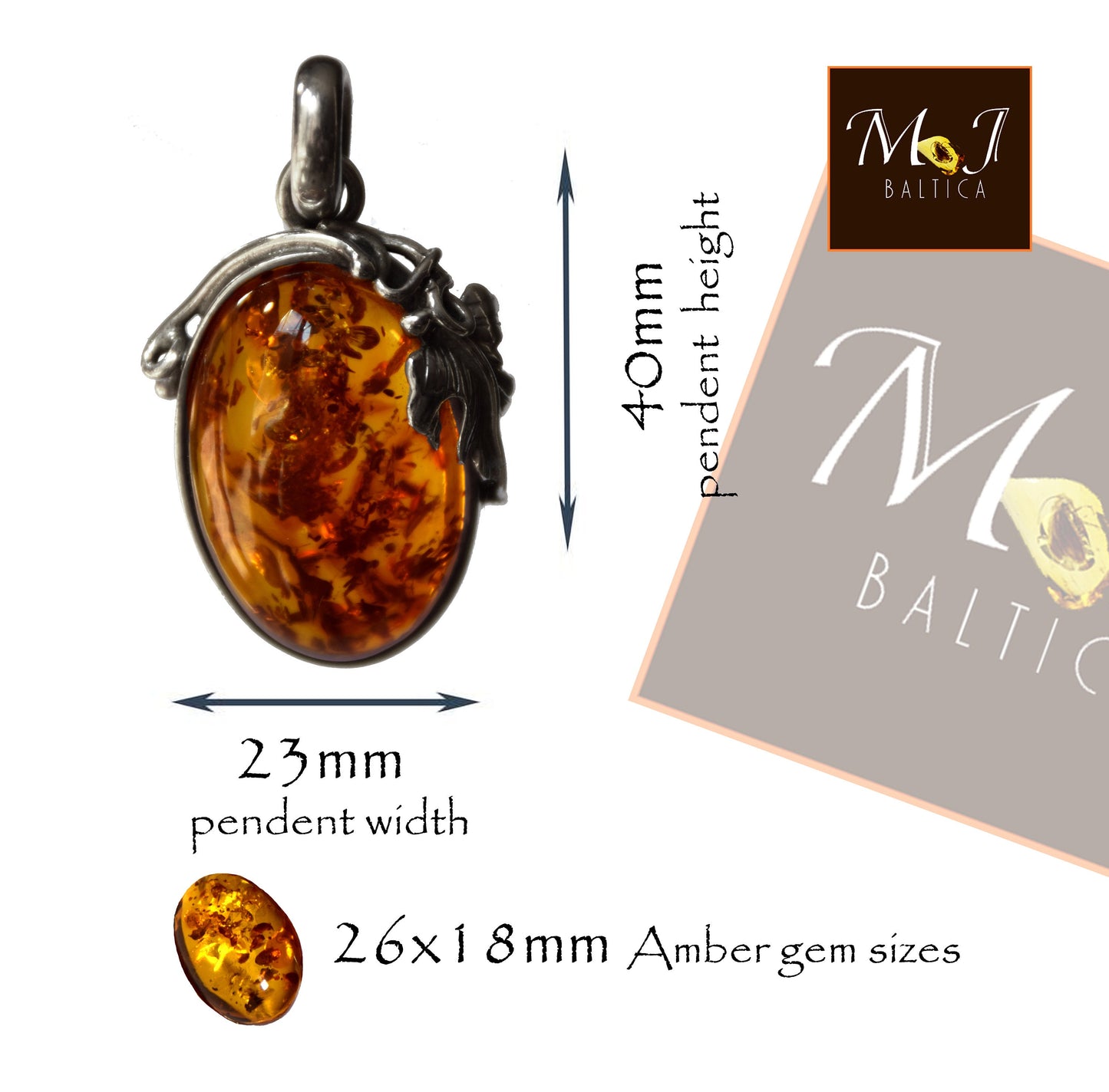 MJ Baltica, pendant, natural Baltic amber, 925 silver, large, classic, floral, vintage, BW092