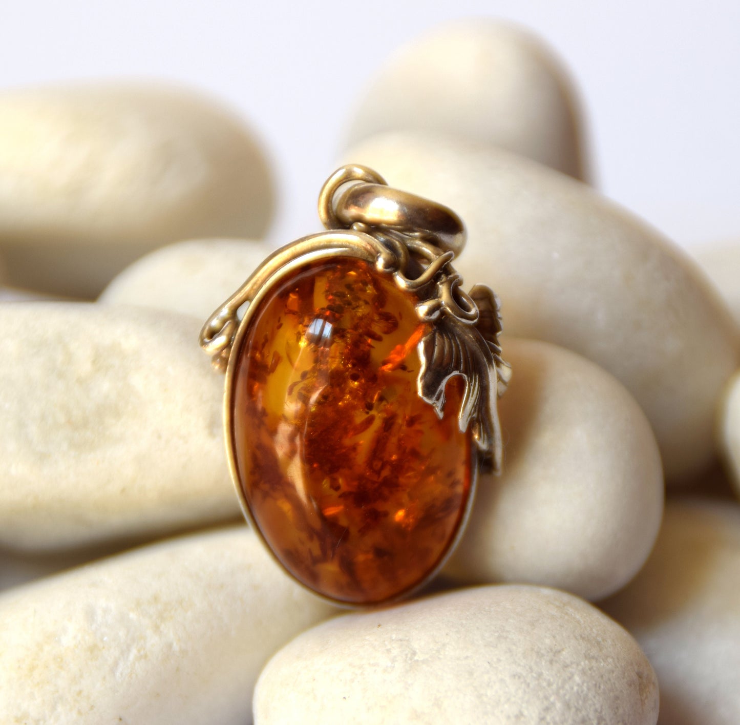 MJ Baltica, pendant, natural Baltic amber, 925 silver, large, classic, floral, vintage, BW092