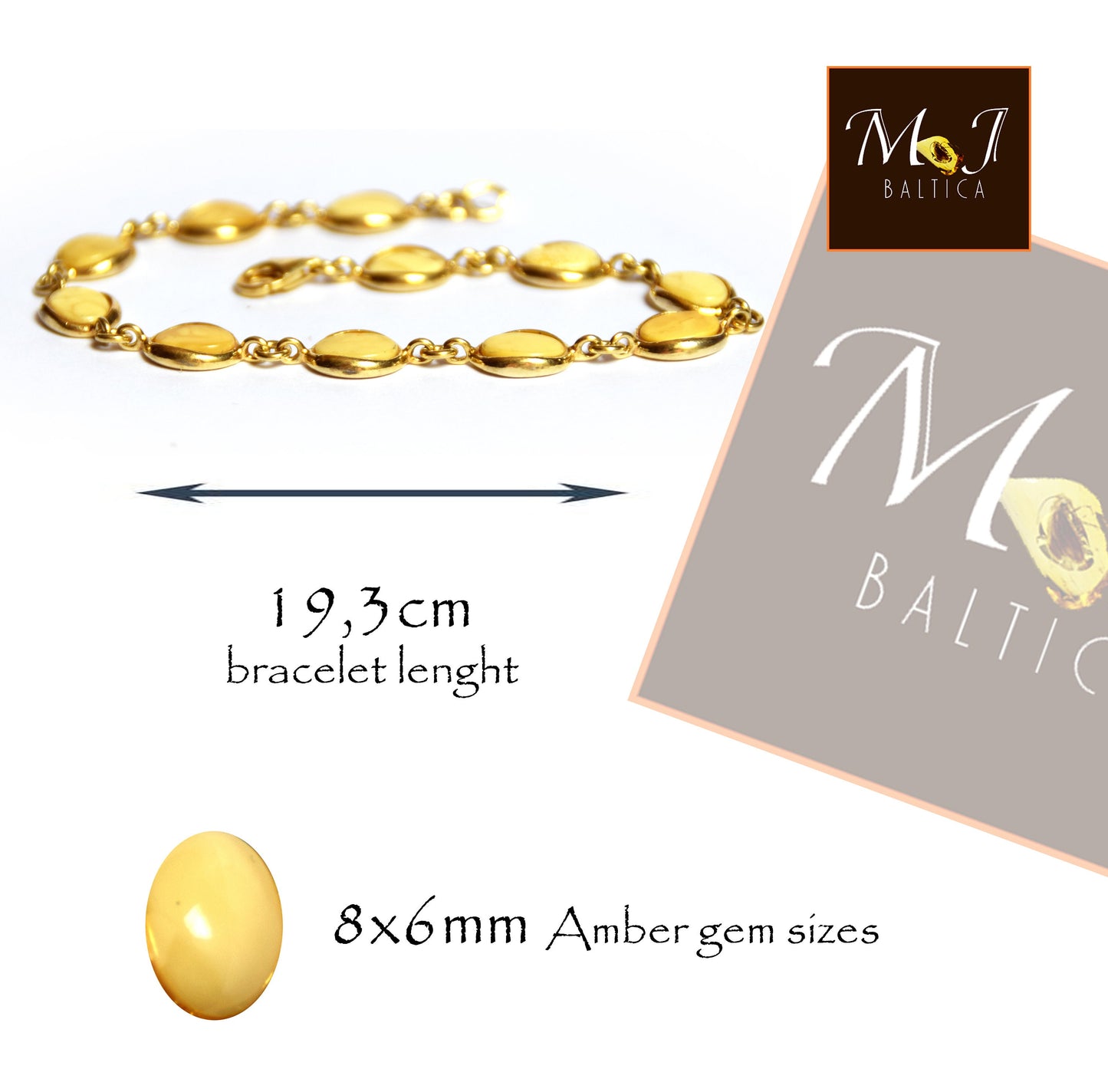 MJ Baltica, bracciale, Ambra naturale Baltica, Ambra Imperiale argento 925, placcato in Oro 14k, beige, panna, BZB007