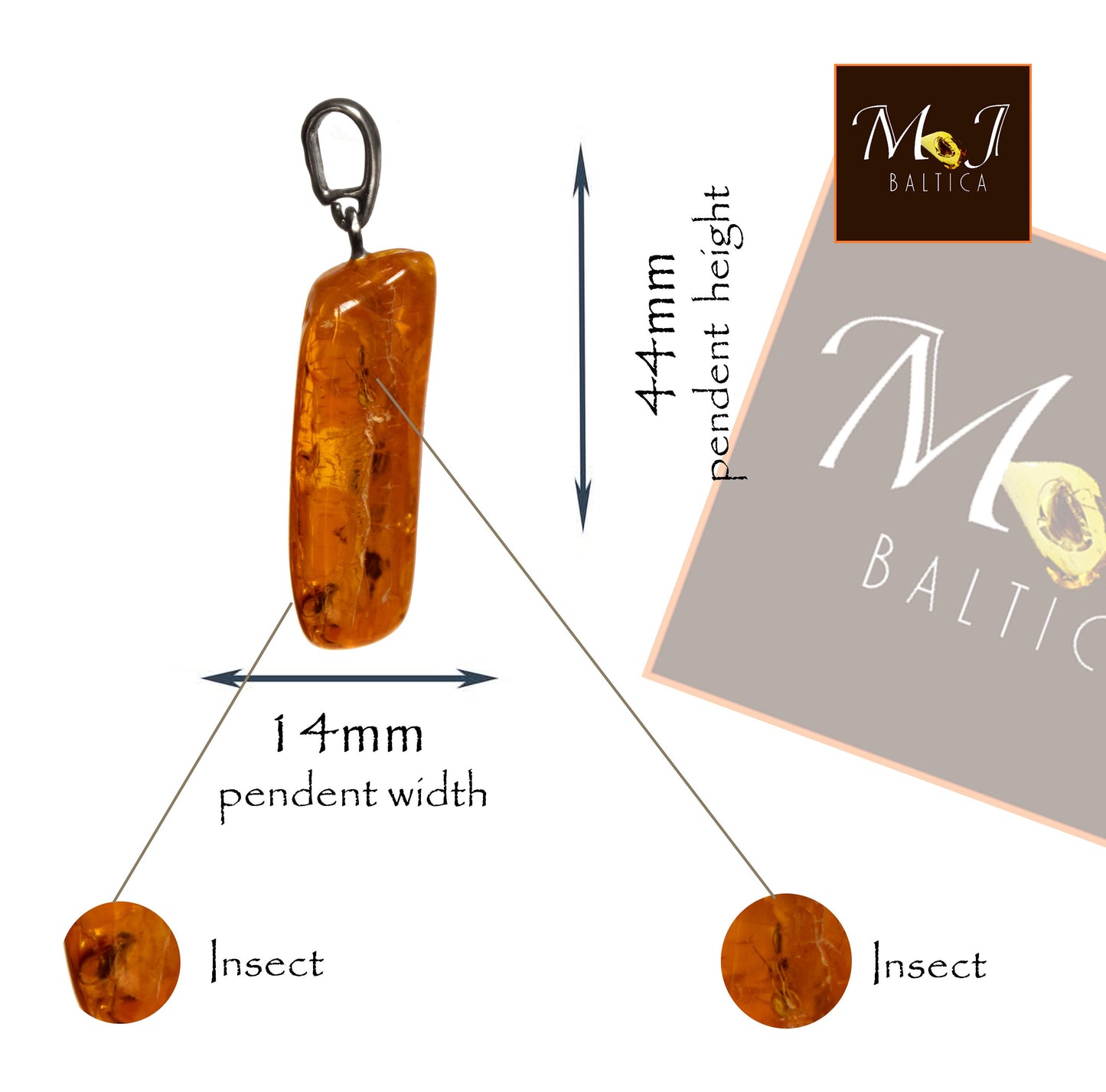 MJ Baltica, pendant, natural Baltic amber, 925 silver, inclusion, insect, prehistoric, BW100