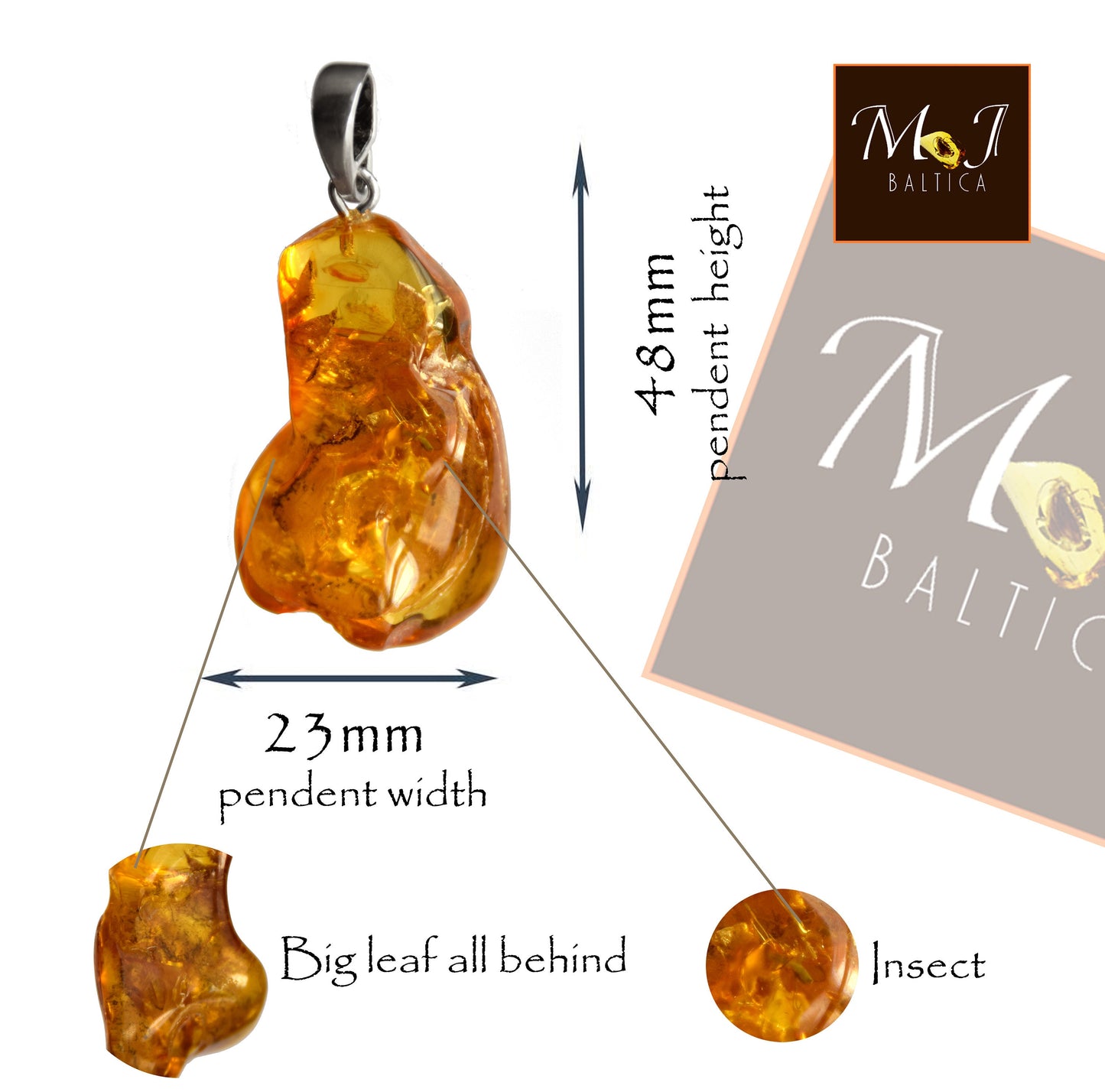 MJ Baltica, pendant, natural Baltic Amber, 925 Silver, inclusions, insects, prehistoric, ancient, BW105