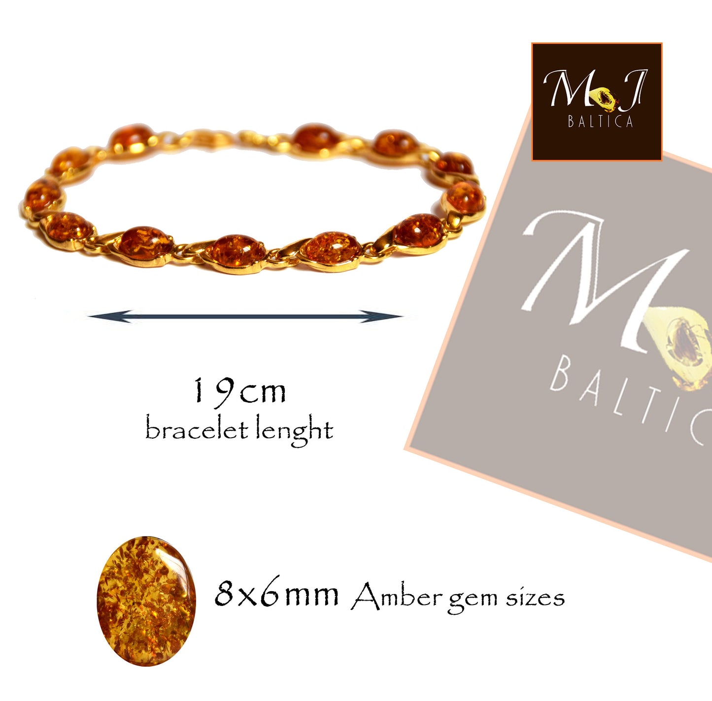 Elegant chain bracelet with natural cognac amber and 18k gold-plated 925 Sterling Silver, MJ Baltica, BZB009