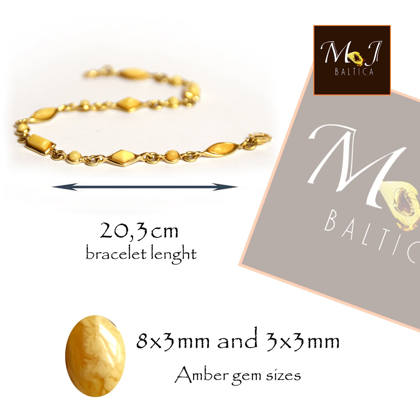 MJ Baltica, bracciale, Ambra naturale Baltica, Argento, placcato in Oro 14k, Ambra imperiale, bellissimo, BZB013