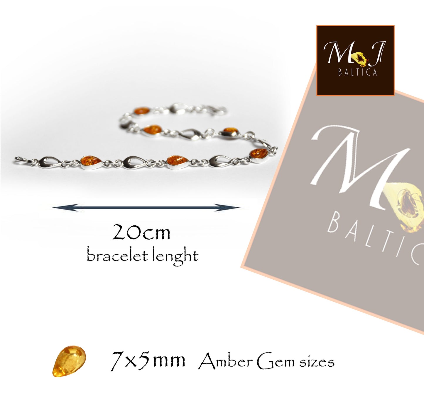 MJ Baltica, bracelet, natural Baltic amber, 925 silver, cognac, elegant, drop, BB023