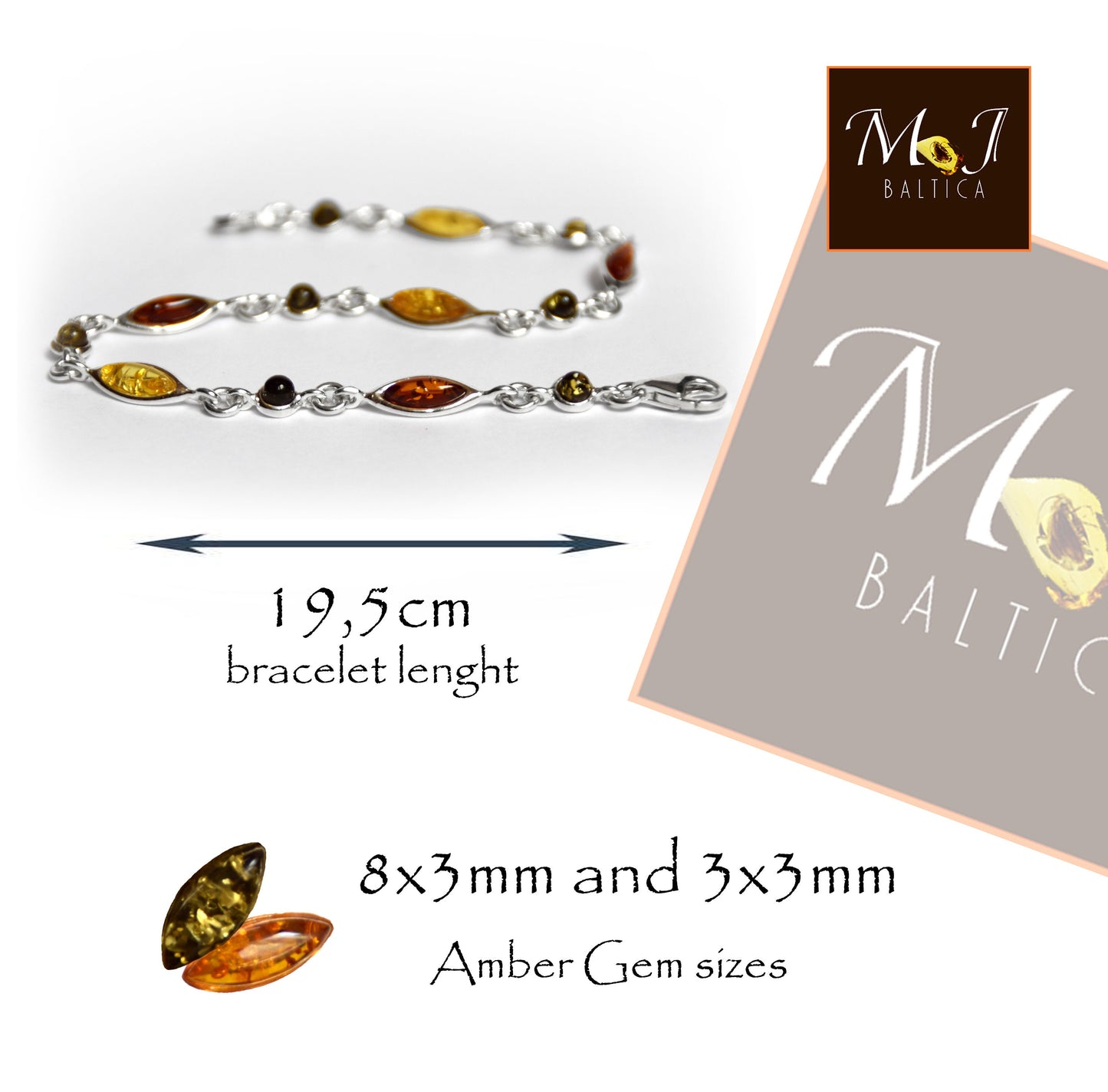 MJ Baltica, bracelet, natural Baltic amber, 925 silver, multi color, elegant, handcrafted, BB024