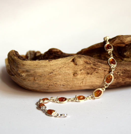 MJ Baltica, bracelet, natural Baltic amber, 925 silver, vintage, cognac, BB026