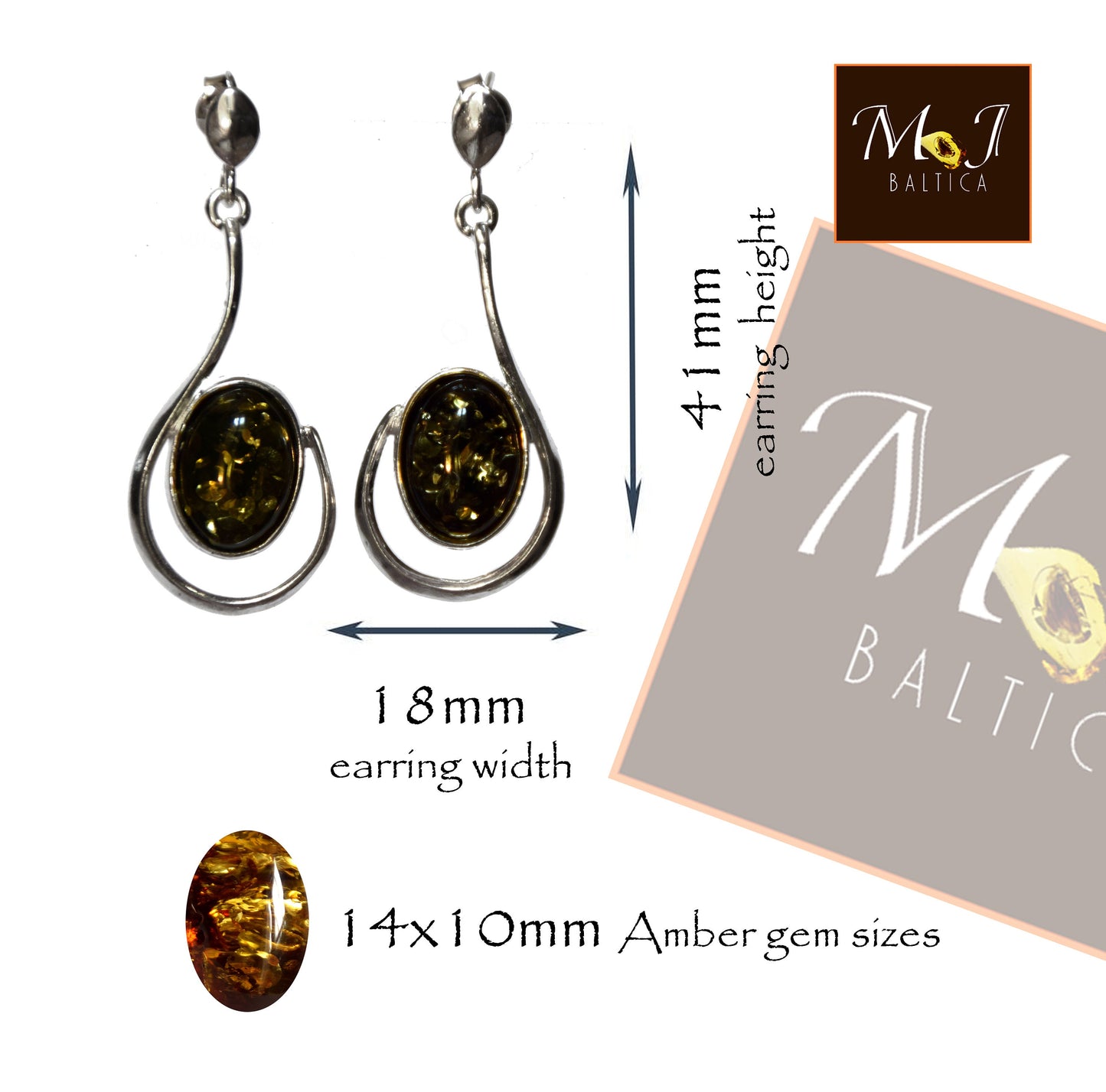 MJ Baltica, earrings, natural Baltic amber, 925 silver, pendants, long, green amber, handcrafted, BK061