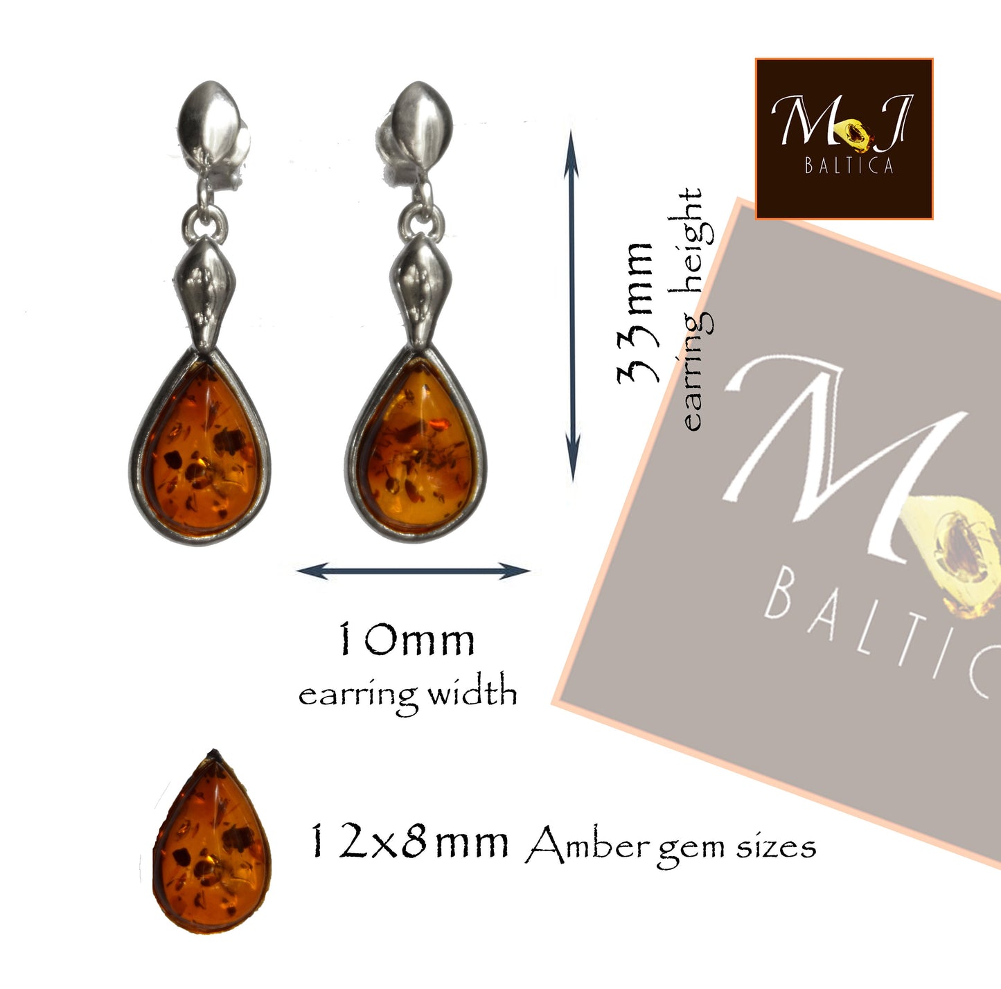 MJ Baltica, earrings, natural Baltic amber, 925 silver, drop, elegant, handcrafted, BK069