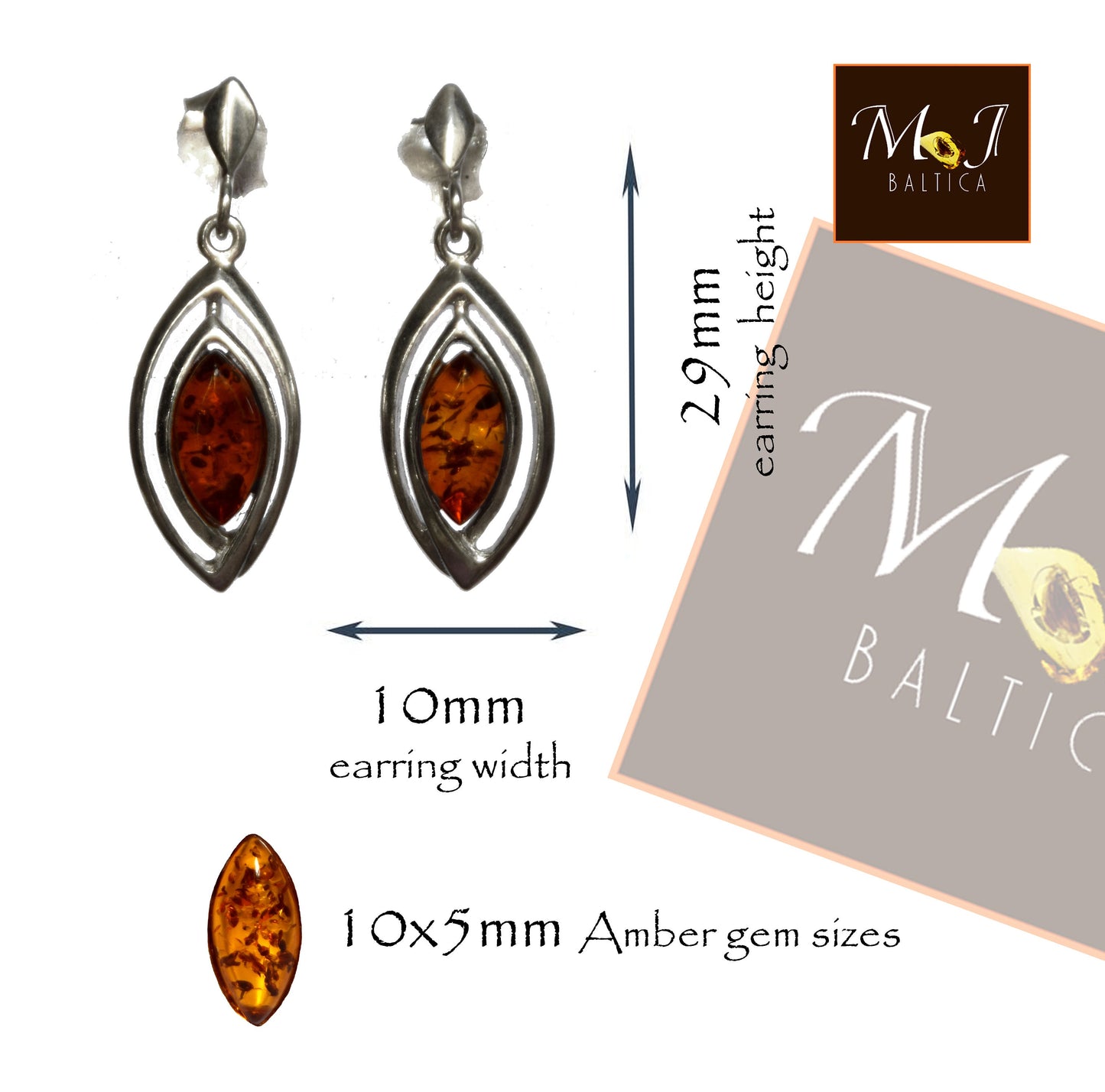 MJ Baltica, Baltic natural amber, 925 silver, earrings, modern, elegant, marquise, BK070