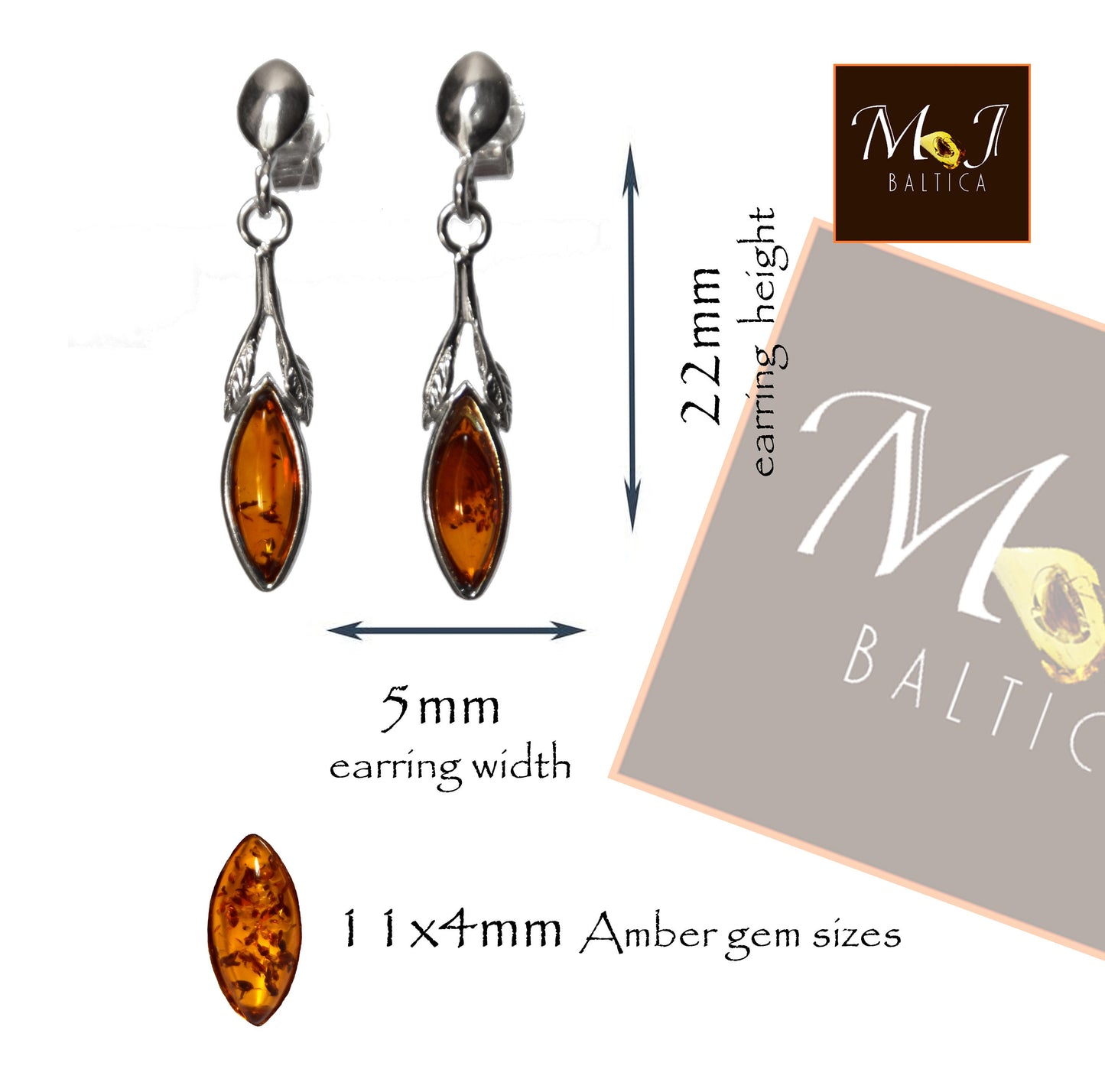 MJ Baltica, earrings, natural Baltic amber, 925 silver, fine, elegant, leaves, BK075