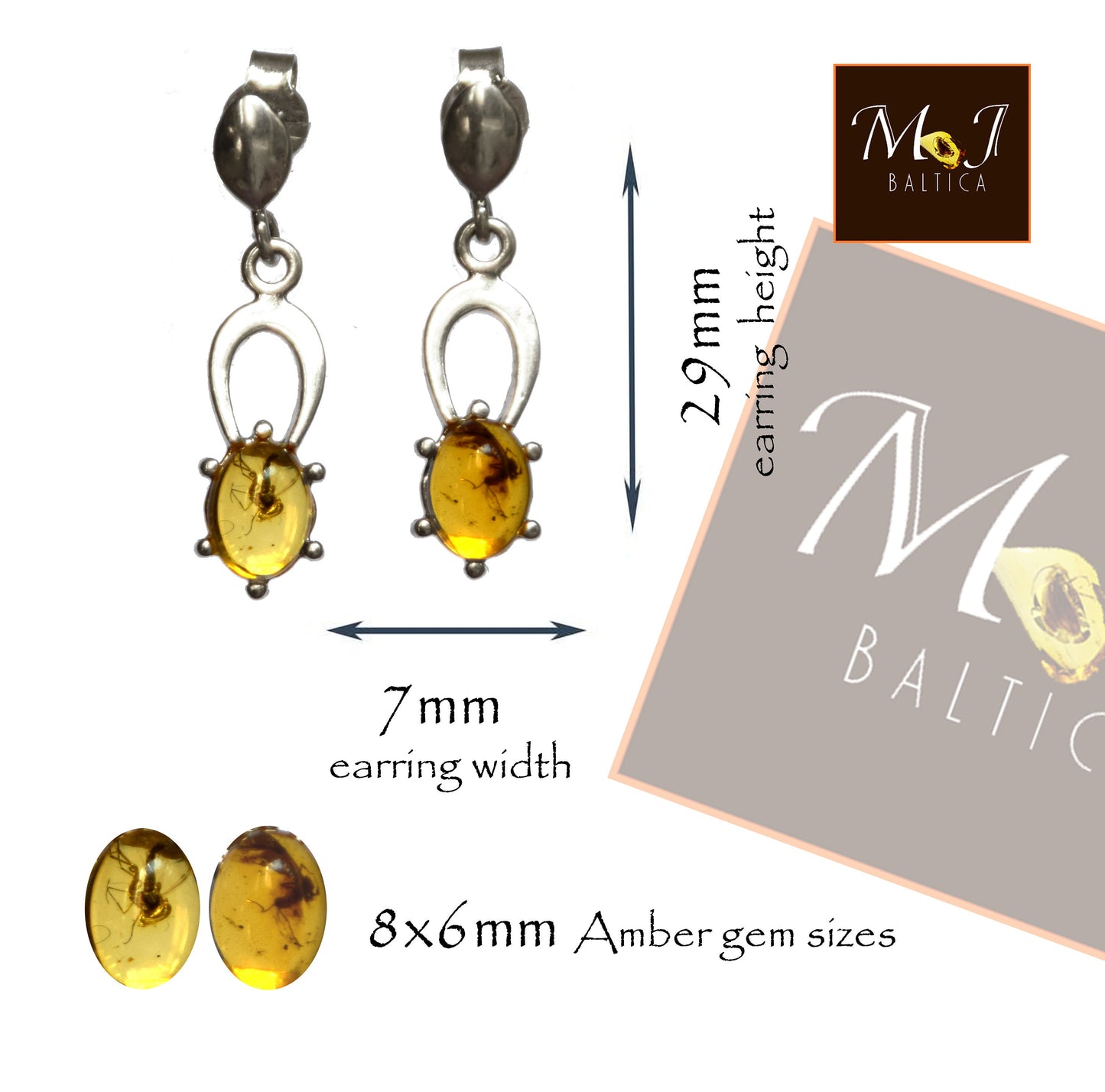 MJ Baltica, orecchini, Ambra naturale Baltica, Argento 925, inclusione, insetti, preistorici, BK076