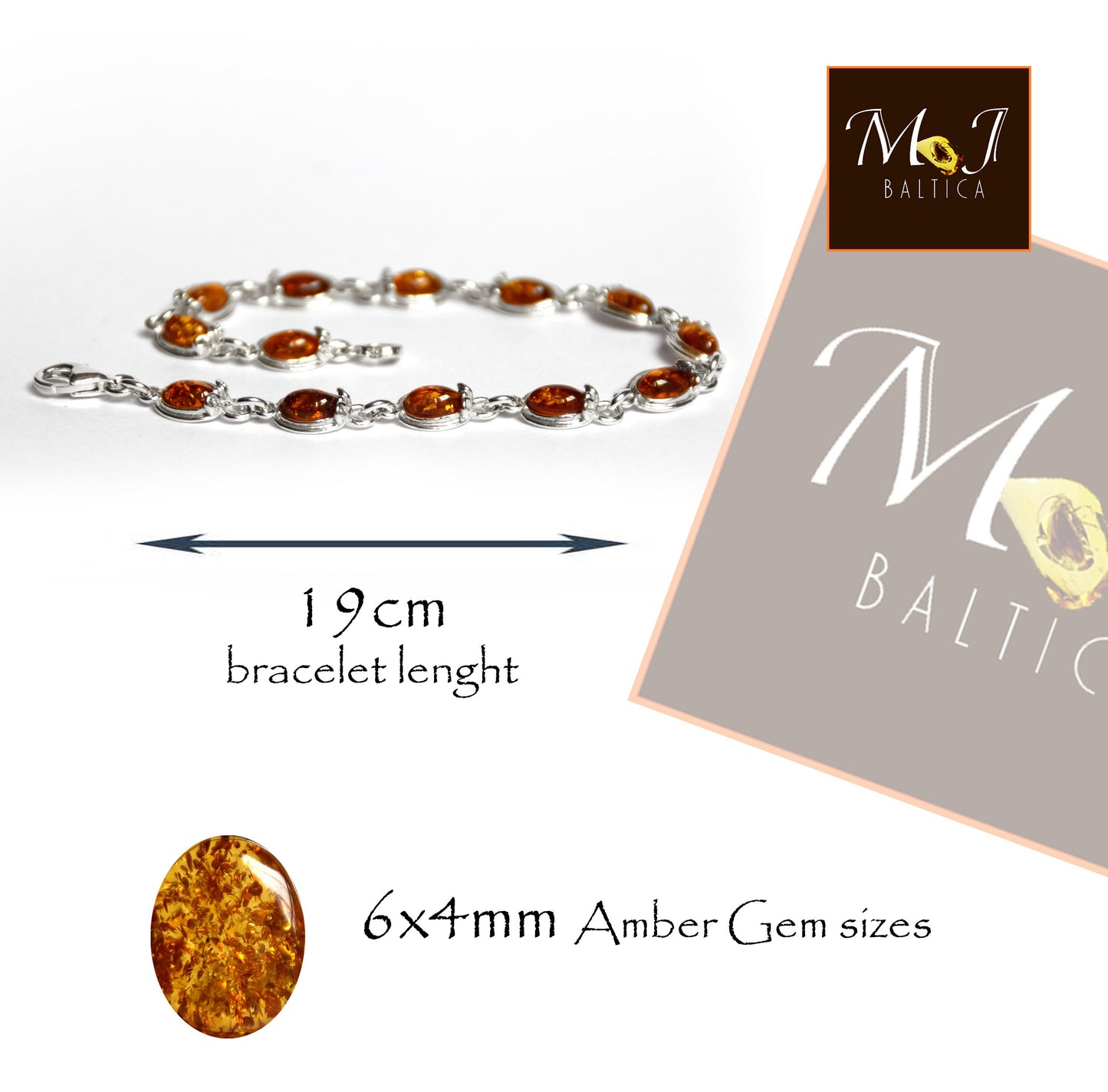 MJ Baltica, bracelet, natural Baltic amber, 925 silver, vintage, cognac, BB026