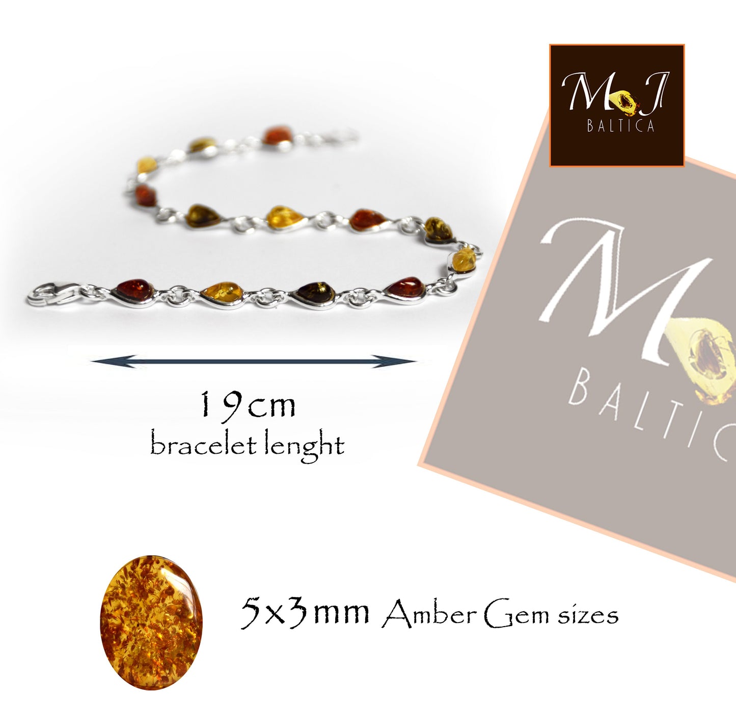 MJ Baltica, bracelet, natural Baltic amber, 925 silver, drops, multi color, handcrafted, BB028