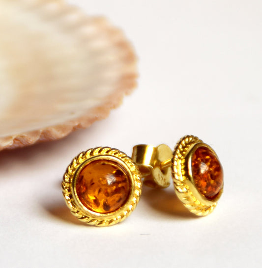 MJ Baltica, earrings, natural Baltic Amber, 925 Silver, 14k Gold plated, classic, vintage, braid, BZK034