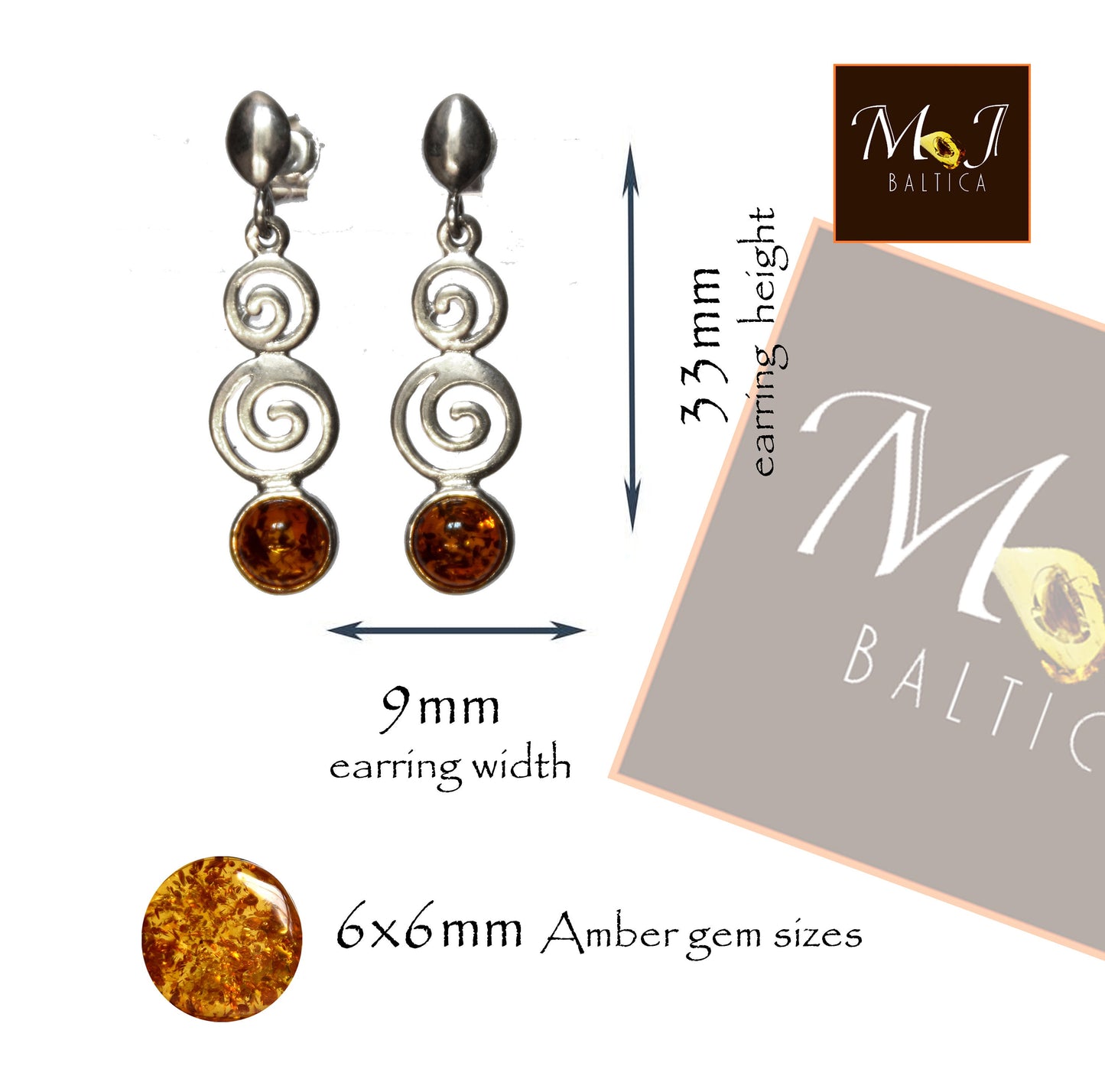 MJ Baltica, earrings, natural Baltic amber, 925 silver, spiral, luminous, BK086