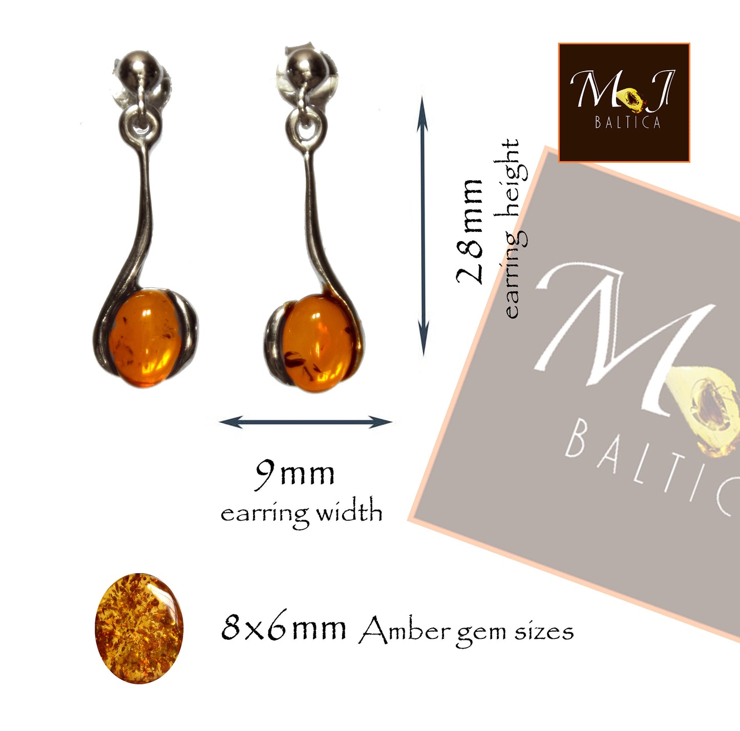 MJ Baltica, earrings, natural Baltic amber, 925 silver, cognac, pendant, sweet, BK089