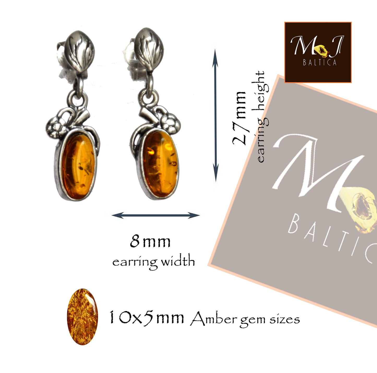 MJ Baltica, earrings, natural Baltic amber, 925 silver, vintage, handcrafted, delicate, BK097